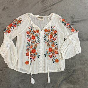 Savanna Jane White Embroidered Peasant Boho Blouse Shirt Top SMALL Long Sleeve